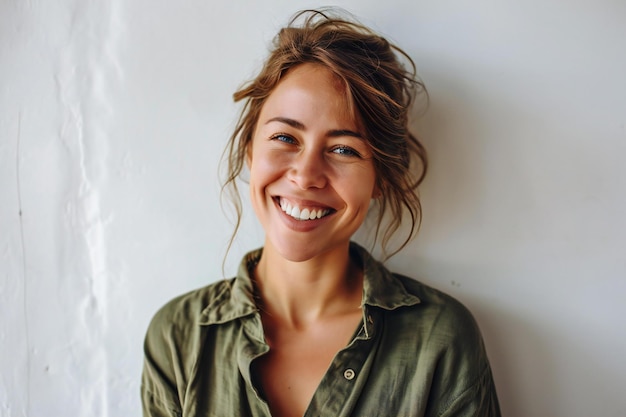 Portrait of a smiling young woman in a green shirt standing against a white wall