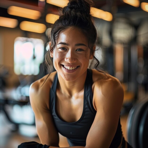 Portrait of a smiling young woman sitting in a gym and looking at camera