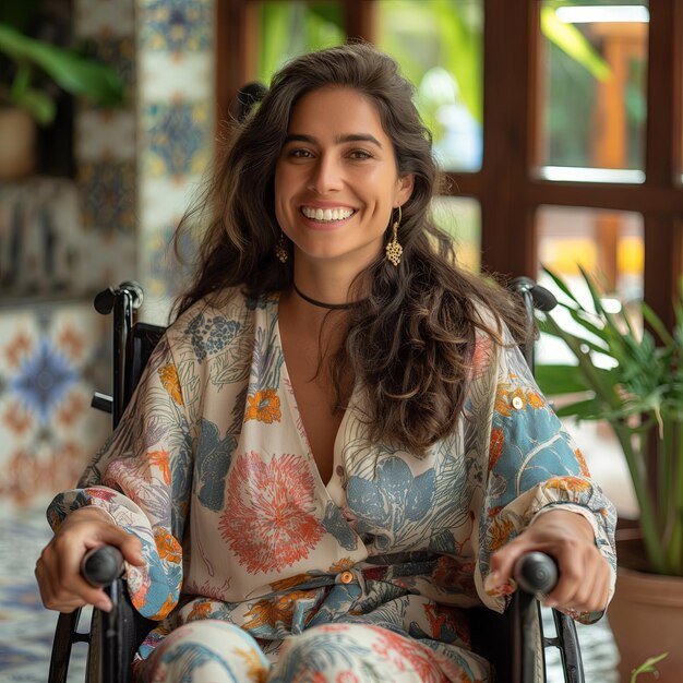 Photo portrait of a smiling young woman sitting in a wheelchair at home