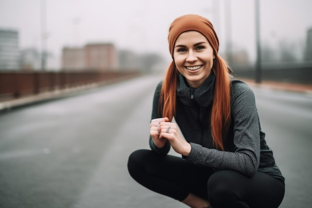 Portrait of a smiling young woman stretching before her run