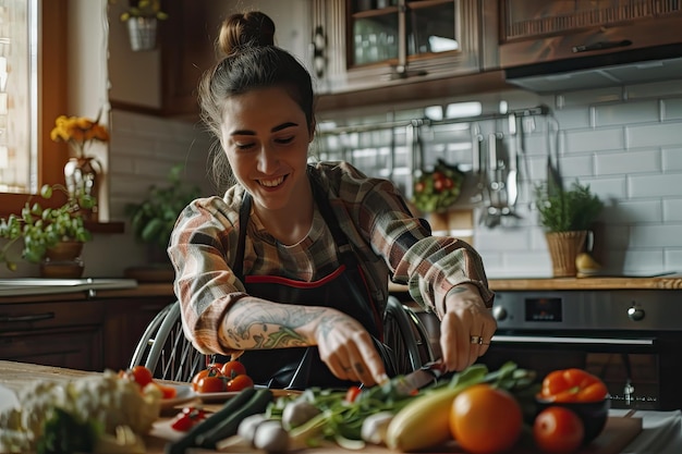 Portrait smiling young woman wheelchair cutting vegetables in apartment kitchen