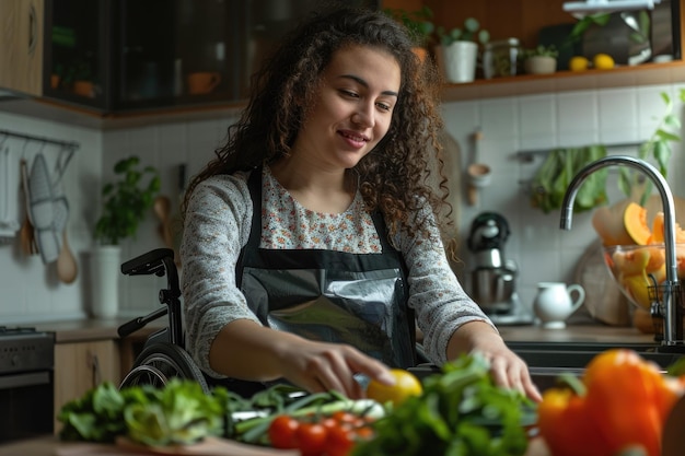 Portrait smiling young woman wheelchair cutting vegetables in apartment kitchen