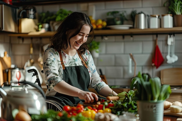 Portrait smiling young woman wheelchair cutting vegetables in apartment kitchen