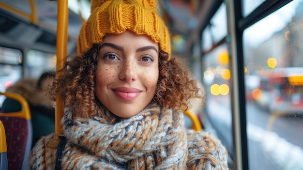 Portrait of a smiling young woman in winter attire on a city bus with a blurred urban background