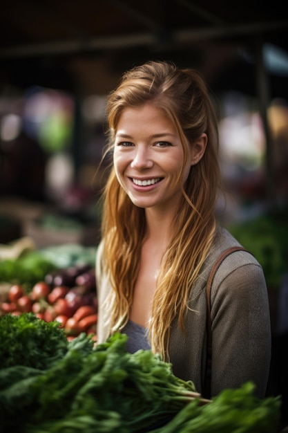 Portrait of a smiling young woman working in a farmers market created with generative ai