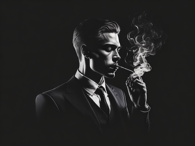 Portrait of a smoking man on black dark background