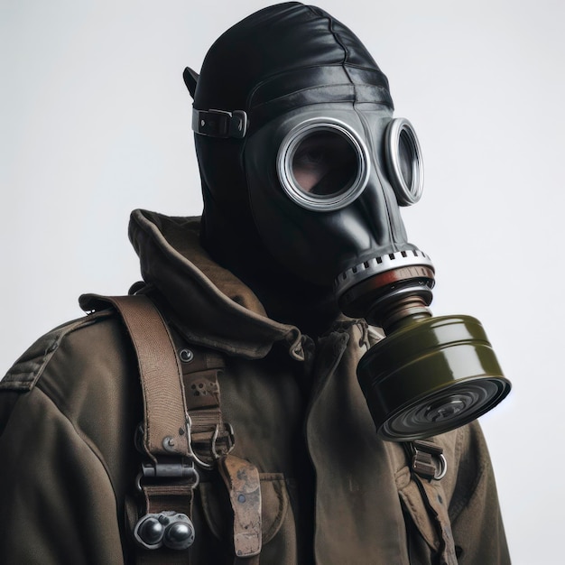 portrait of a Soldier in Gas Mask and Uniform on a White Background ai generative