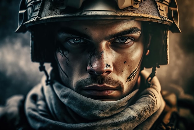 Portrait of a soldier in helmet and modern ammunition on battlefield Generative AI