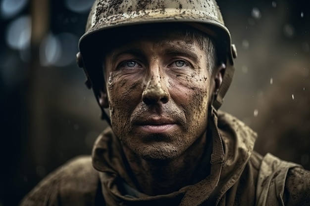 Portrait of a soldier in helmet at war on battlefield Generative AI