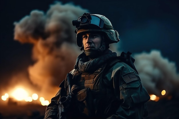 Portrait of soldier in modern ammunition at war on battlefield at night Generative AI