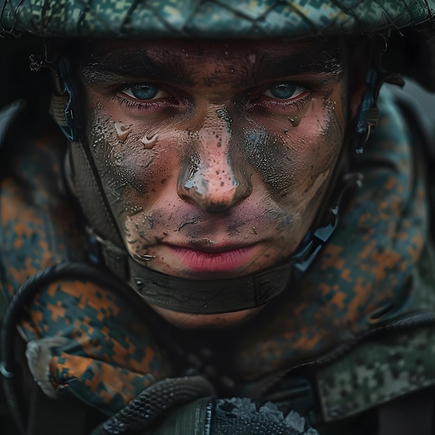 Photo portrait of a soldier with blue eyes and a camouflage helmet