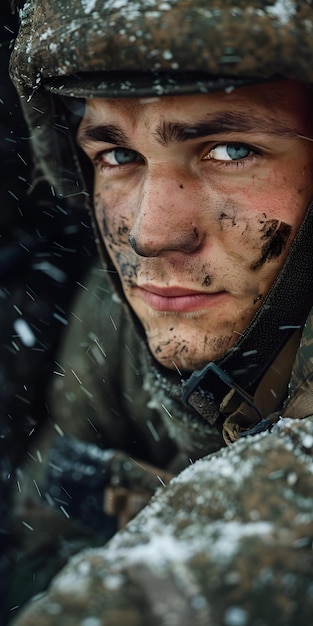 Photo portrait of a soldier with blue eyes and a dirty face