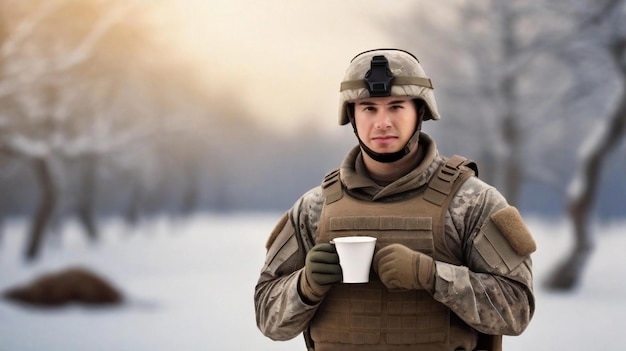 Portrait of a soldier with a cup of hot coffee against winter background with space for text