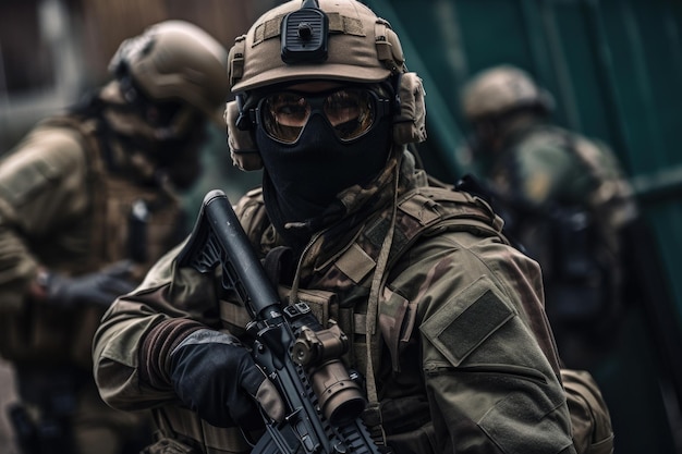 Portrait of a special forces soldier with assault rifle on the street Special Forces Military Unit in Full Tactical Gear AI Generated