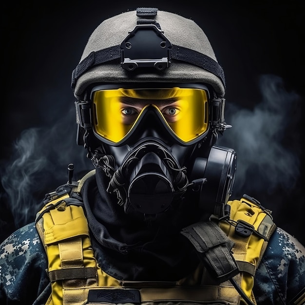 Portrait of a special forces soldier in yellow eye mask The concept of military units generative AI