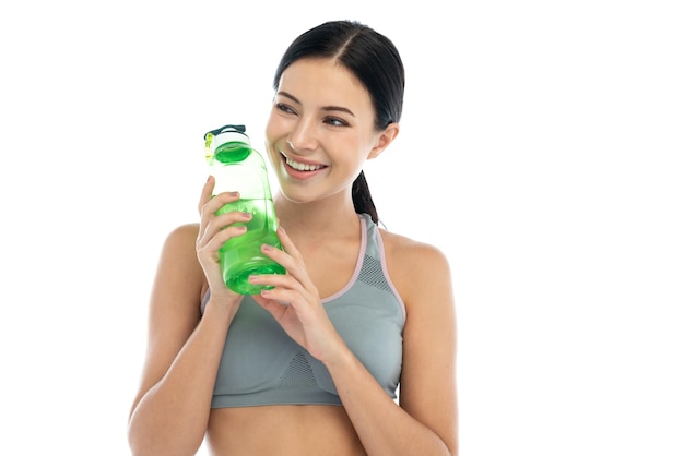 Portrait sport beauty body slim woman drinking water from a bottle while relax and feeling fresh on white backgroundHealthy lifestyle concept