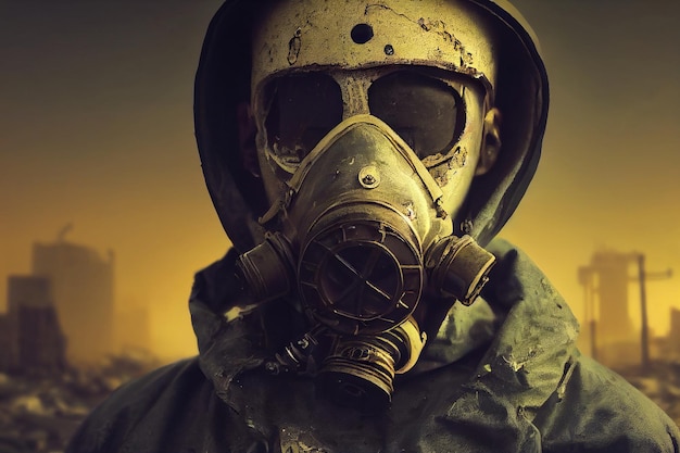 Portrait of a stalker in hazmat and wearing an old gas mask against an apocalyptic background