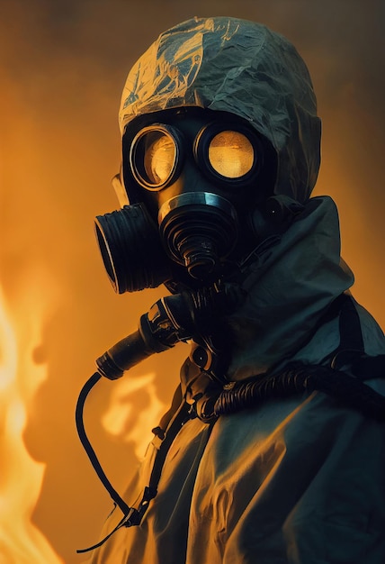 Portrait of a stalker survivor in hazmat and wearing an old gas mask against an apocalyptic backdrop