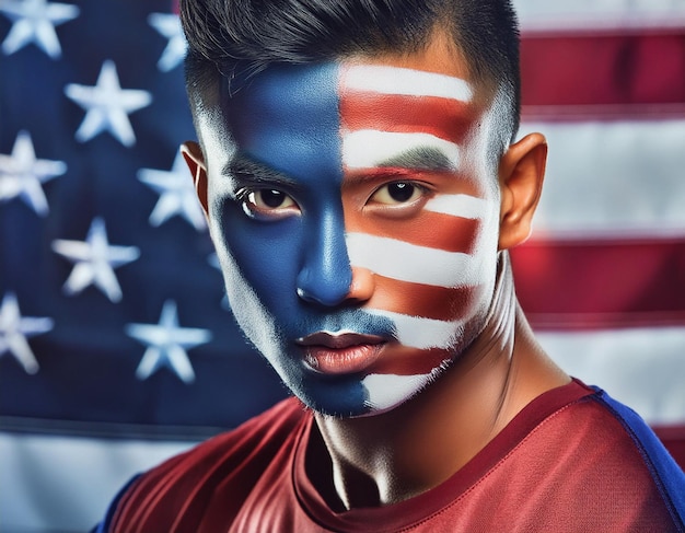 Portrait standing in front of a American flag background 4th of July Independence day celebration