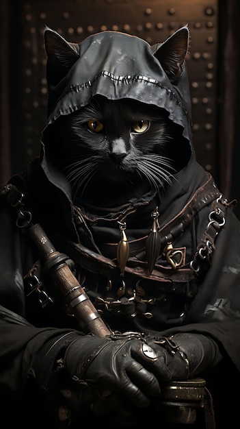 Portrait of Stealthy Cat Bombay Ninja Pirate Costume Mask Black Hood Animal Arts Collections