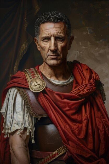 Photo portrait of a stern julius caesar in traditional armor and red tunic against dark background