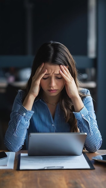 Portrait of stressed woman sitting at table with digital tablet