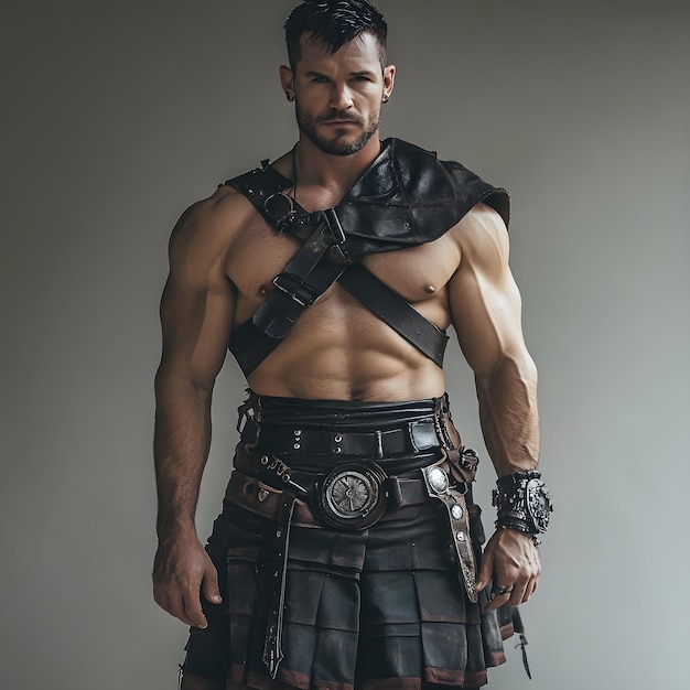 Photo portrait of a strong man with a muscular body and a sword in his hands