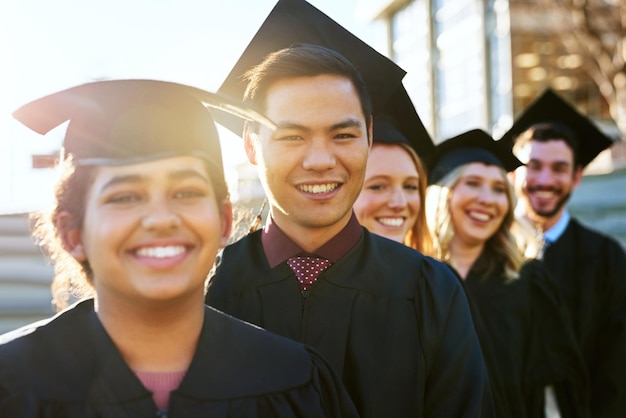 Portrait students and people with success graduation and achievement with celebration sunshine and scholarship Face group or friends with smile college or university with education or knowledge