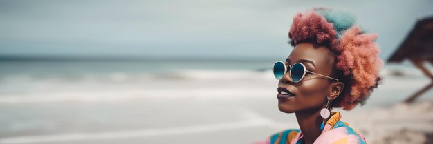 Portrait of stylish black woman on the sandy beach on vacation enjoy Banner format Generative AI illustration