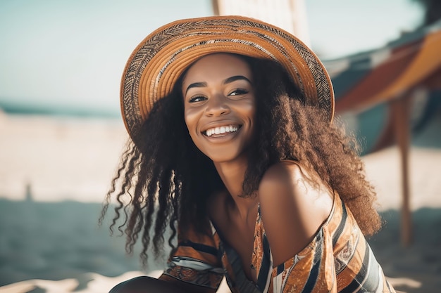 Portrait of stylish black woman in a straw hat on the sandy beach on vacation enjoy Generative AI illustration