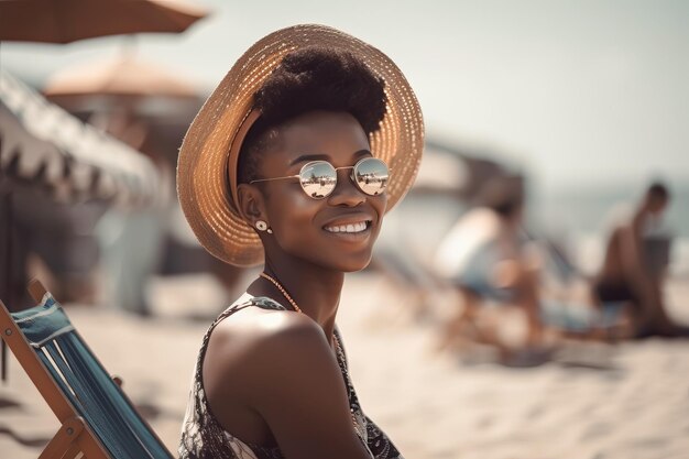 Portrait of stylish black woman in a sun lounger on the sandy beach on vacation enjoy Generative AI illustration