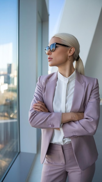 Photo portrait of stylish businesswoman looking out of window on a city