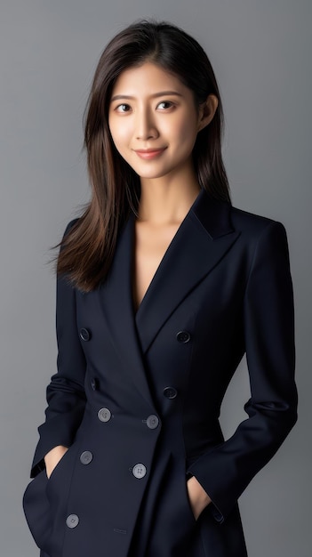 Portrait of a stylish Chinese woman in a tailored suit exuding confidence with a selfassured smile