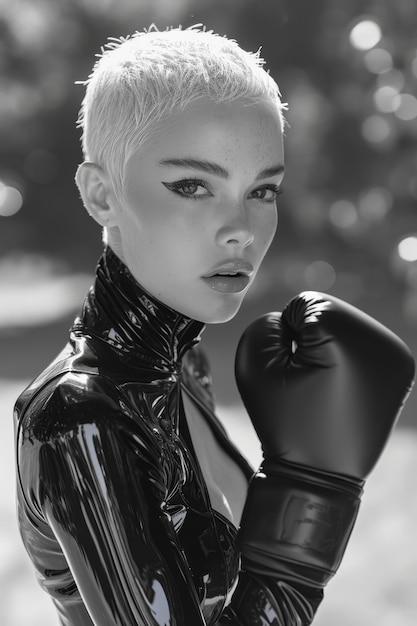 Portrait of a stylish girl in boxing gloves and latex suit on the street