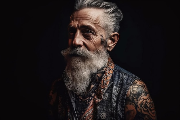 Portrait of stylish old bearded retired man in tattoos on black background Generative AI