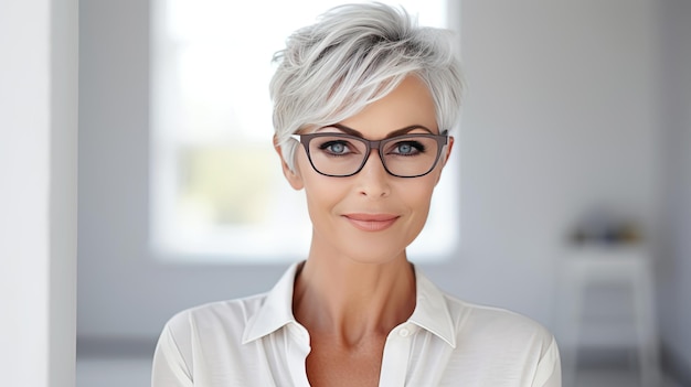 Portrait of a successful adult woman on a light background with focus and space for text