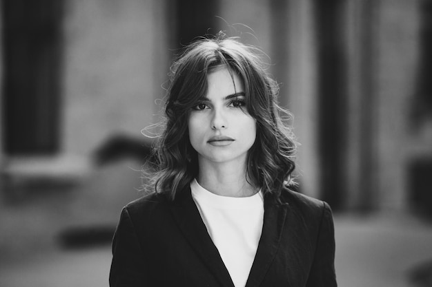 Portrait of a successful business woman in front of modern business building Young manager outside