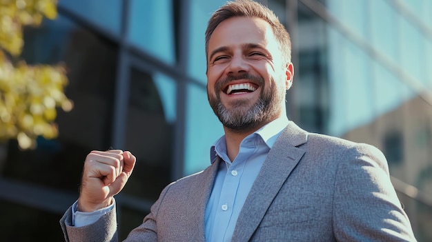 Photo portrait of a successful businessman celebrating a win