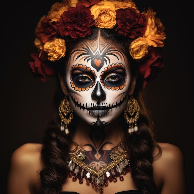 Portrait of a Sugar Skull woman celebrating the day of the dead