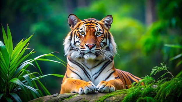 Portrait of Sumatran Tiger in jungle isolated on blurry green nature background High Quality image