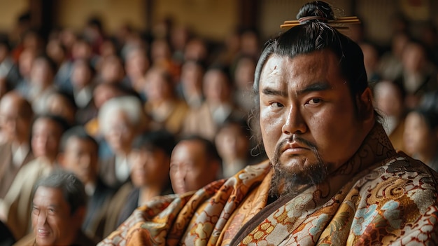 Portrait of sumo wrestler in Dohyo with audience behind him getting ready for a match