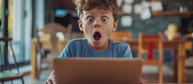 Portrait of a surprised boy opening a laptop computer to see something he should see AI generated