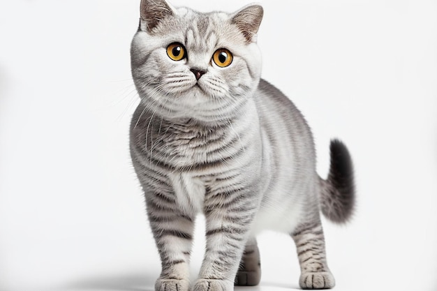 Portrait of a surprised cute silver tabby British Shorthair grey cat on white background isolated