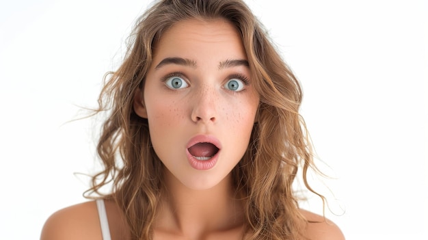 Photo portrait of a surprised young woman with freckles and blue eyes