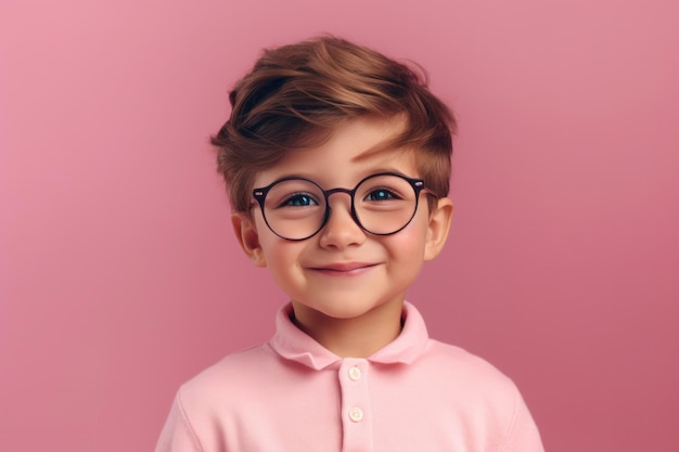 Portrait of Sweet Preschool Boy on Pink Background Elementary School Student is Smiling on Copy Space Cute Smart Caucasian Kid in Glasses Primary Education and Training Generative AI