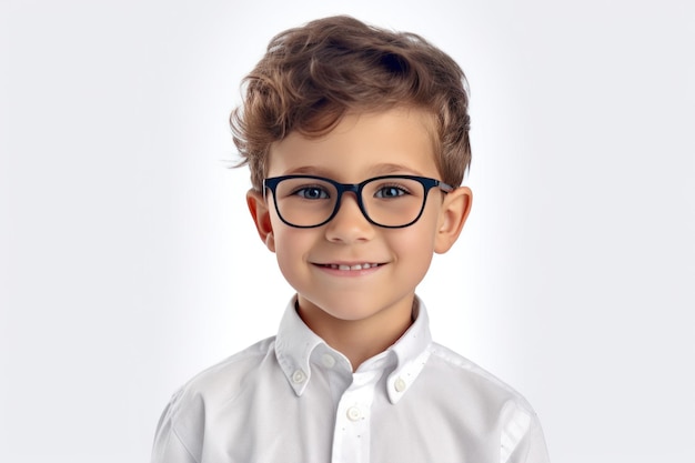 Portrait of Sweet Preschool Caucasian Boy on White Background Elementary School Student is Smiling on Copy Space Cute Smart Little Kid in Glasses Primary Education and Training Generative AI