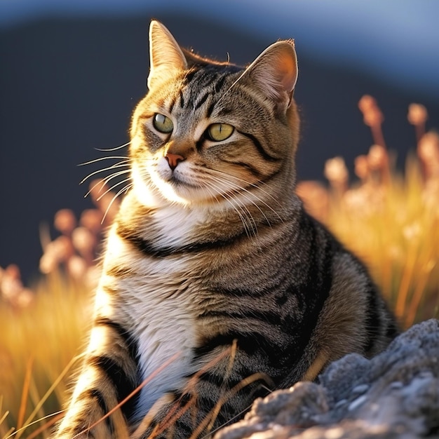 Portrait of a tabby cat sitting on the top of a hill