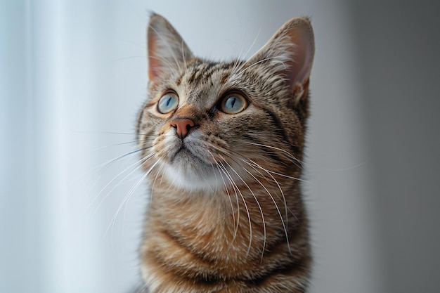 Portrait of tabby cat with blue eyes on white background