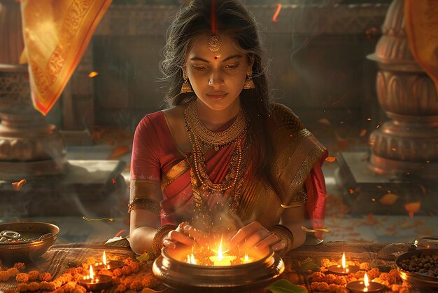 Photo portrait of a tamil priestess performing the pitru paksha ritual