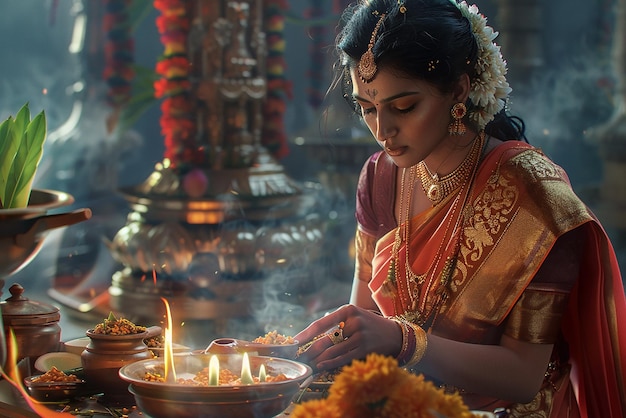 Portrait of a Tamil Priestess Performing the Pitru Paksha Ritual